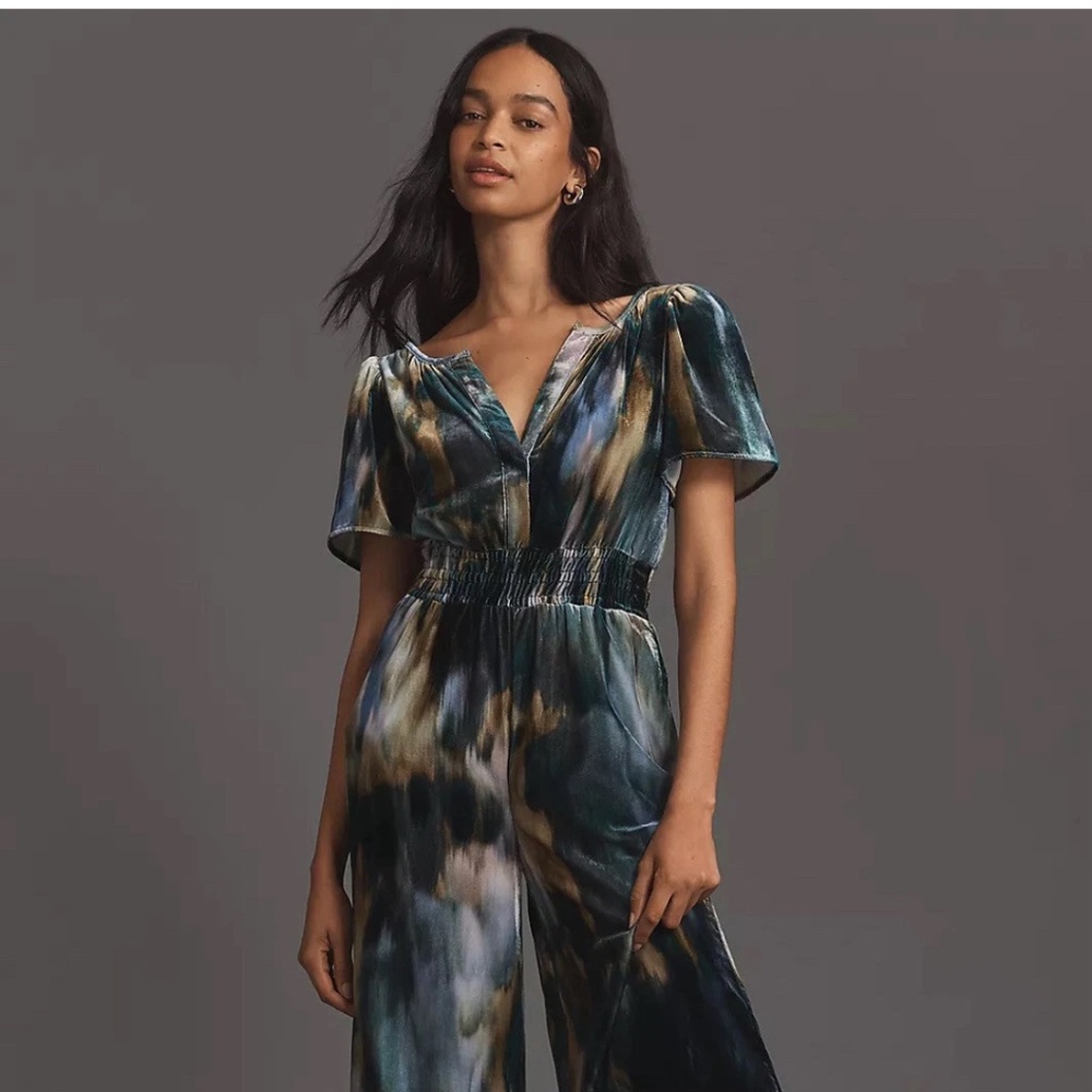 Anthropologie The Somerset Jumpsuit: Velvet Edition, Size XL Blue Motif